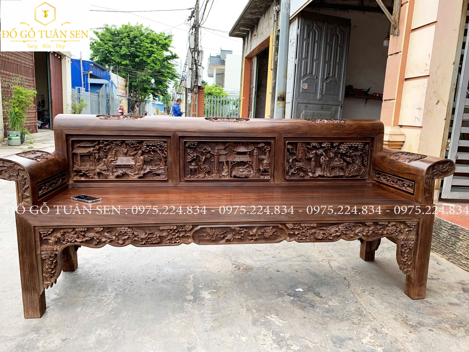 Hình ảnh Thông tin  bộ trường kỷ chạm tích tam quốc chạm tay ting sảo